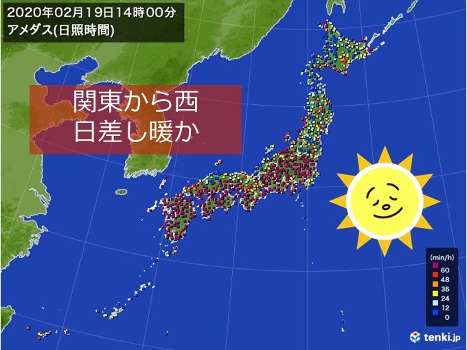 関東から西　穏やかに晴れて　日差し暖か