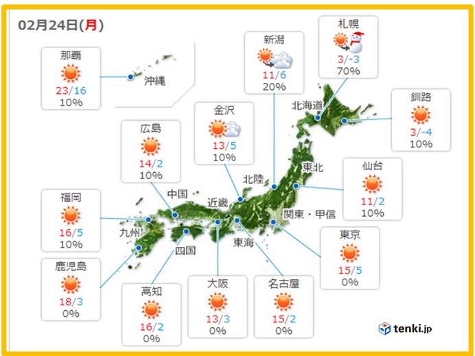 24日の天気　北海道・東北など雪や雨に雷も
