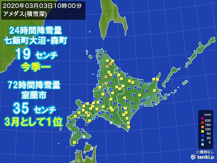 北海道 室蘭で72時間降雪量 3月として1位を更新 日直予報士 2020年03月03日 日本気象協会 Tenki Jp
