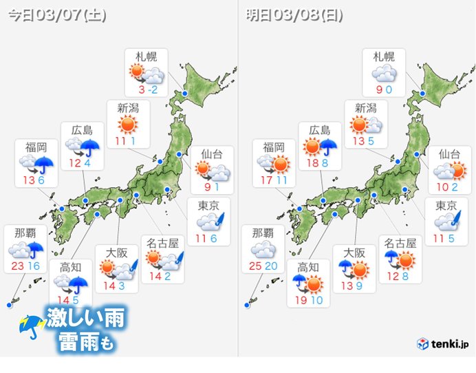 土日　関東以西に雨雲　西ほど本降り　激しい雨も