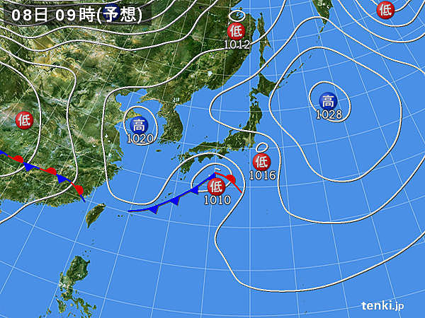 8日(日)　九州は天気回復　四国、中国地方～関東で雨