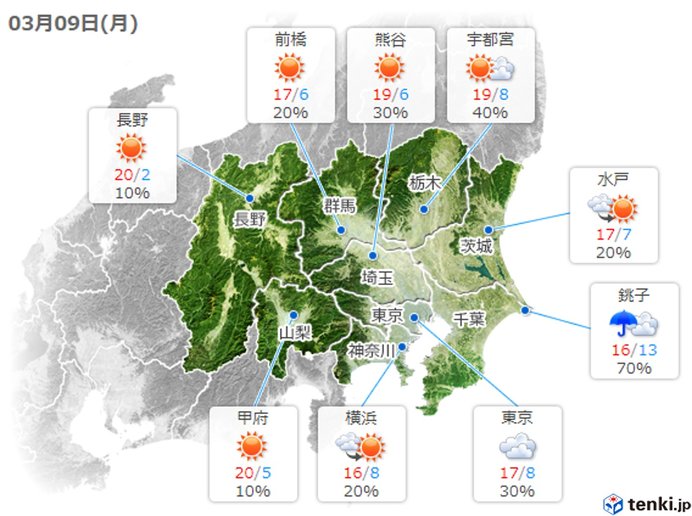 あす9日(月)　服装選びに注意