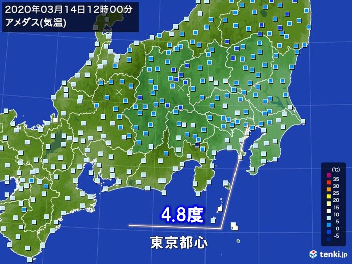 真冬並みの寒さ　東京都心の正午の気温4.8度