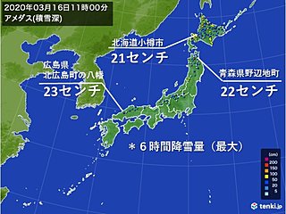 日本海側など　6時間に20センチ以上の降雪