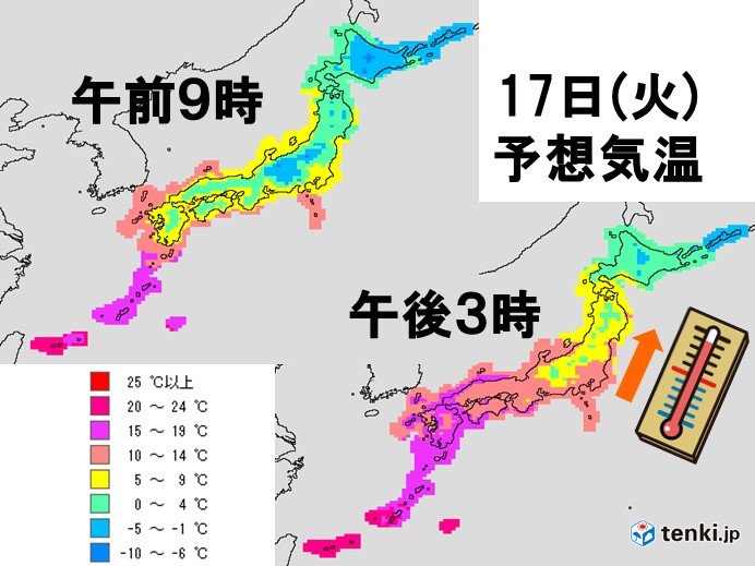 17日　朝と日中の気温差大きい　夜は寒気流入