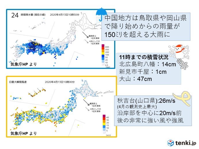 中国地方　13日は山陰で暴風、高波、土砂災害に警戒を