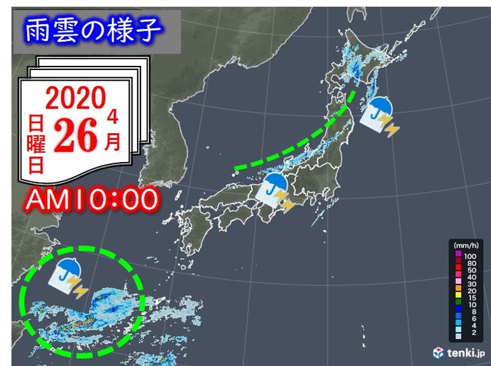 帯状の雨雲通過中　沖縄にも活発な雨雲