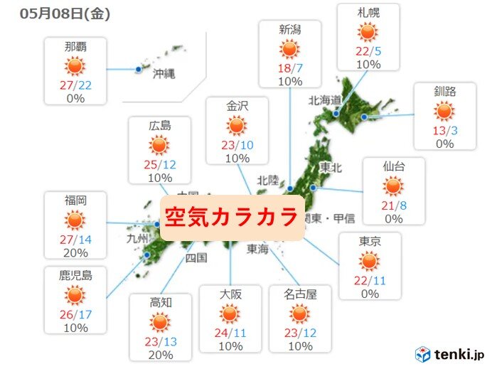 あす8日(金) 晴れて空気カラカラ