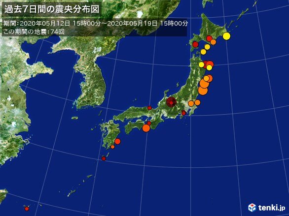 1週間の地震回数　ここ3日間で震度4が4回発生