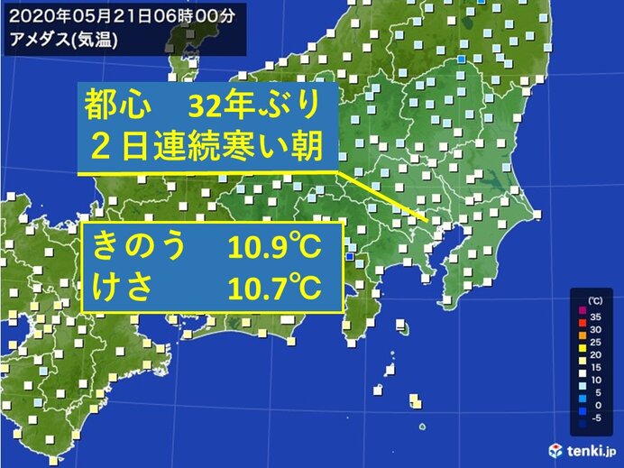 都心 32年ぶりの寒い朝 5月下旬に10度台 日直予報士 年05月21日 日本気象協会 Tenki Jp