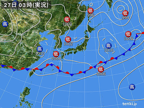 27日　東北付近は急な強い雨や雷雨　東海～九州は晴れ