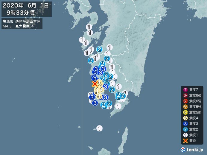 鹿児島県で震度4の地震 津波の心配なし 日直予報士 年06月01日 日本気象協会 Tenki Jp