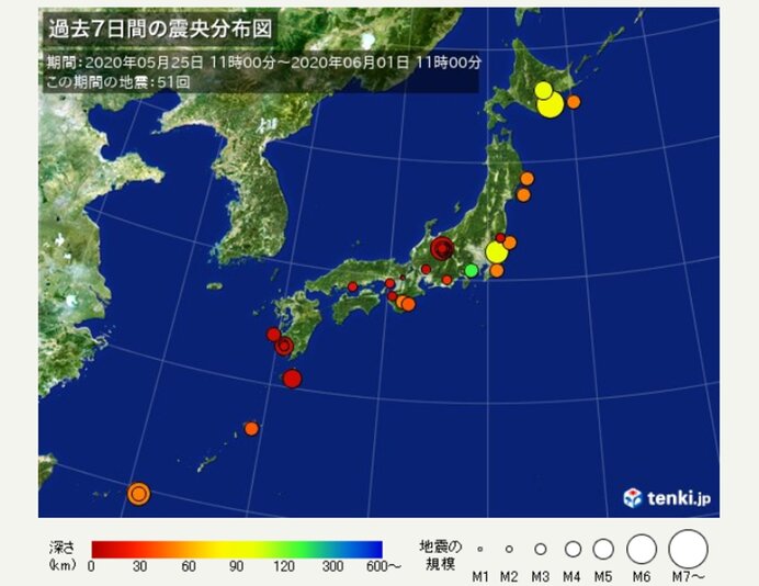 1週間の地震回数　ここ4日間で震度4が4回発生