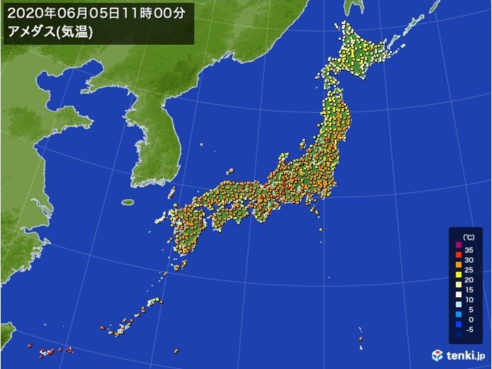 気温上昇中 すでに福岡など30℃以上は78地点 東京都心も真夏日に迫る(日直予報士 2020年06月05日) - 日本気象協会 tenki.jp - tenki.jp