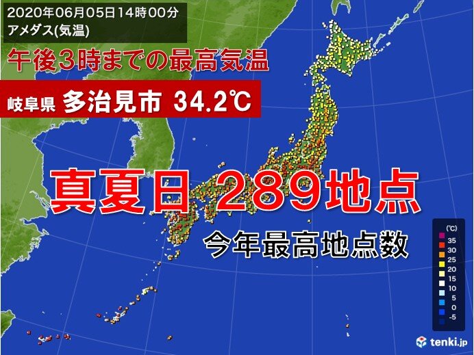 今年初の真夏日200地点超　岐阜県多治見市34.2℃　猛暑日一歩手前