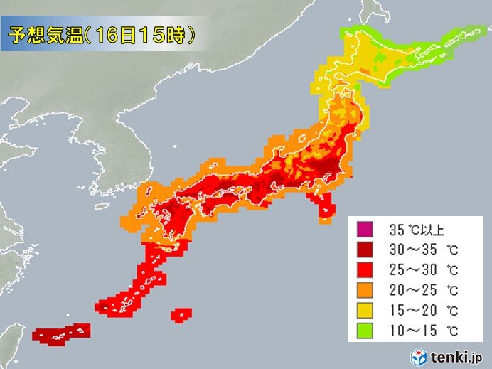 16日(火)の最高気温　九州の内陸で35度近くに　関東など真夏並み