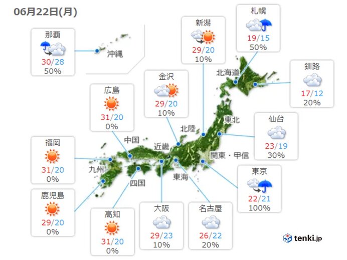 22日　九州から東北で30℃　南西諸島、伊豆諸島で大雨