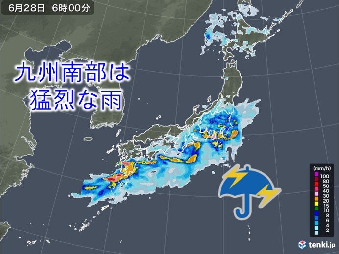 あす朝にかけて九州南部で猛烈な雨　東海や関東も激しい雨に