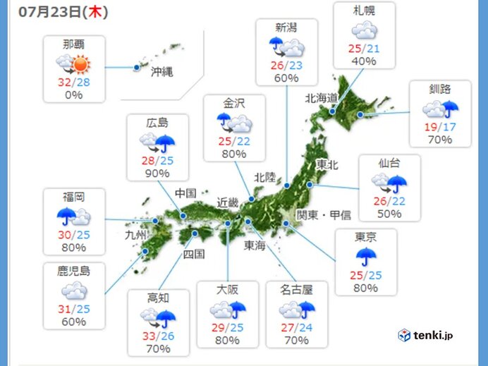 23日　梅雨空続く　九州　今夜から大雨に注意