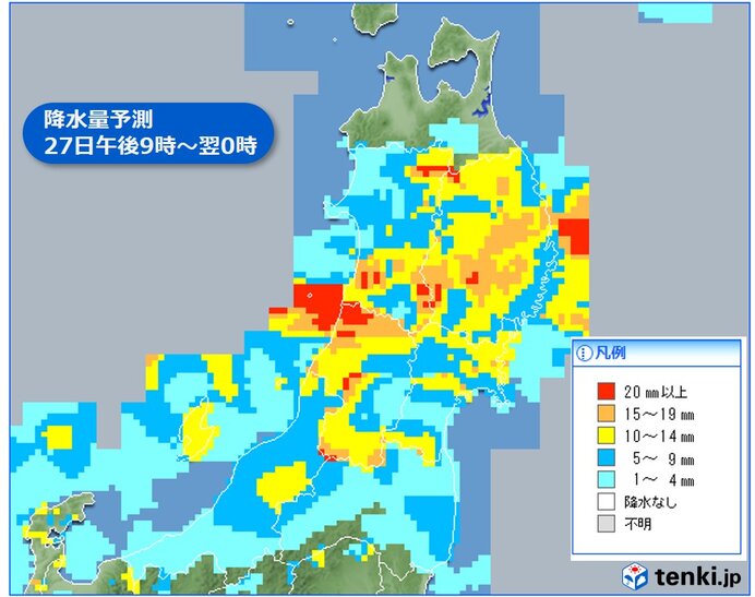今夜は秋田県～岩手県を中心に激しい雨