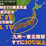 静岡県で10時前に35℃超も　九州～東北南部の広い範囲で既に30℃以上