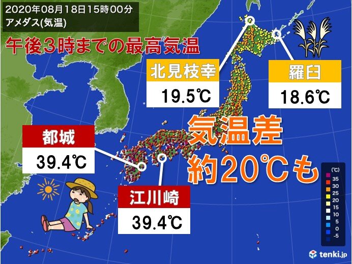 西は40 に迫る酷暑 北では 届かず秋の気配 その差 以上も 日直予報士 年08月18日 日本気象協会 Tenki Jp