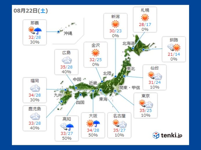 関東から西はあすも天気急変 土日で雨と暑さに変化が 隠れ傘マークに注意 日直予報士 年08月21日 日本気象協会 Tenki Jp