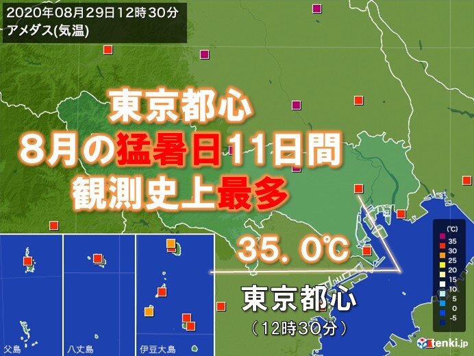 東京都心で35℃以上 8月として猛暑日は観測史上最多(日直予報士 2020年08月29日) - 日本気象協会 tenki.jp - tenki.jp