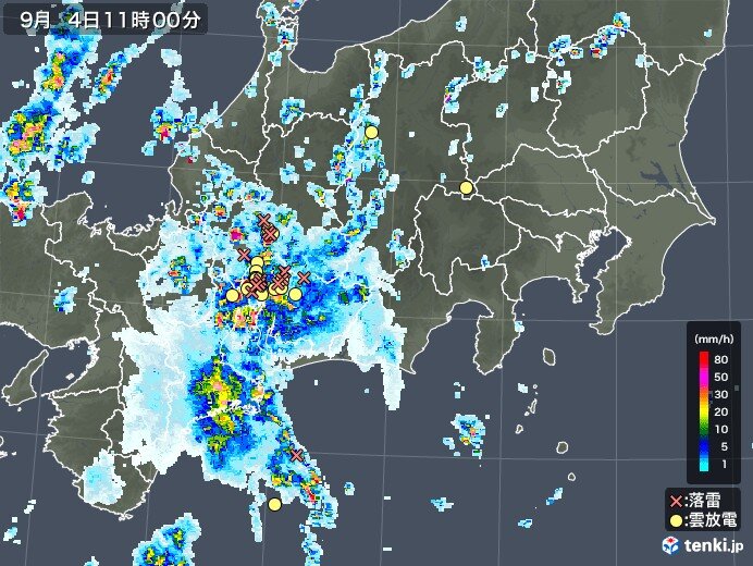 愛知県に活発な雷雲 名古屋で非常に激しい雨を観測 夜にかけて注意 気象予報士 日直主任 年09月04日 日本気象協会 Tenki Jp