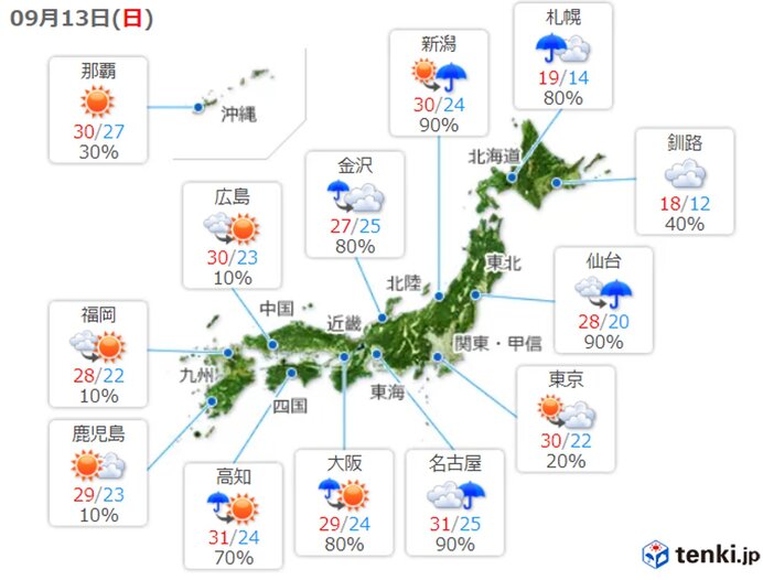 13日　東北で大雨の恐れ　関東や東海、北陸も局地的に非常に激しい雨