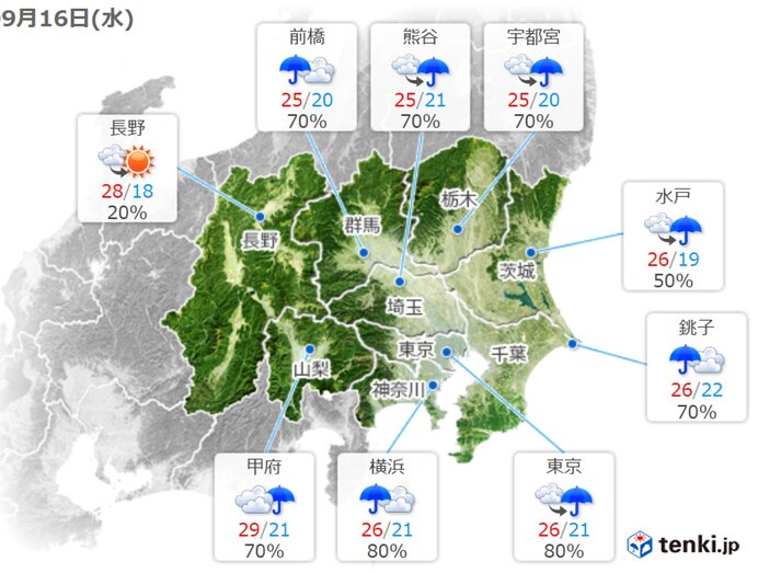 あす16日(水)　涼しく湿った北東風　曇りや雨