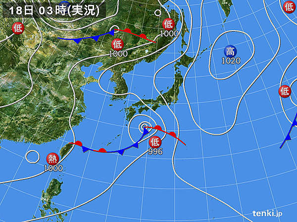 18日　台風から変わった低気圧　東へ