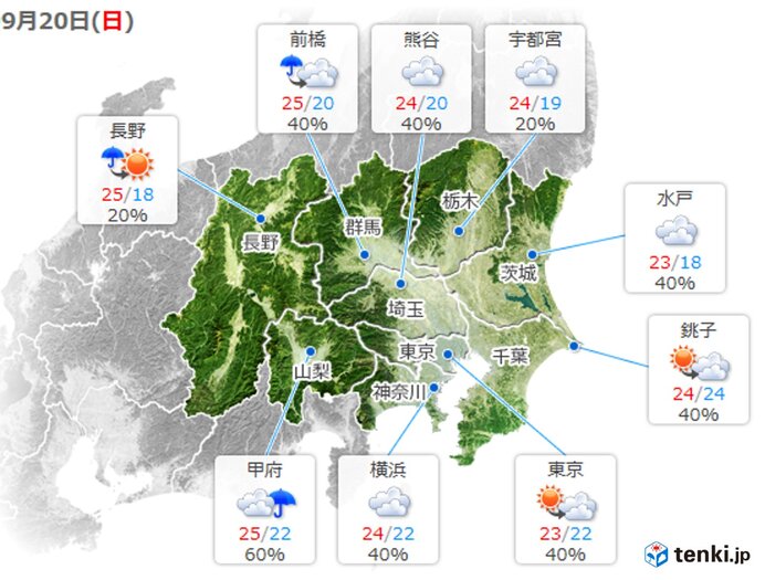 20日の関東　秋の涼しい空気に覆われる　所々で雨