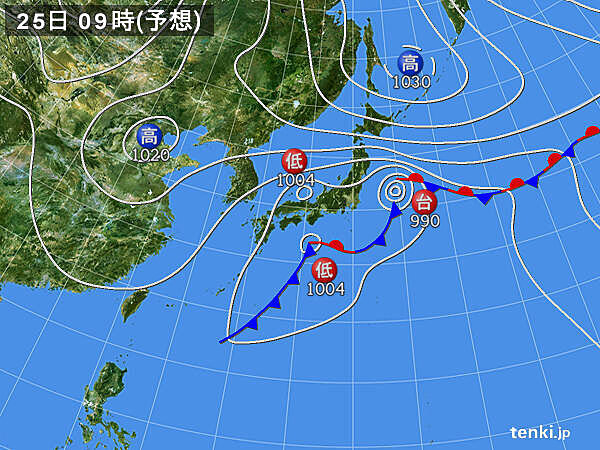 25日　広く雨が降り、南部では激しい雨や雷雨の所も