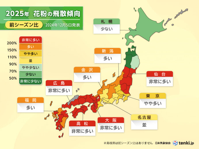 2025年春の花粉飛散量予測＜前シーズン比＞