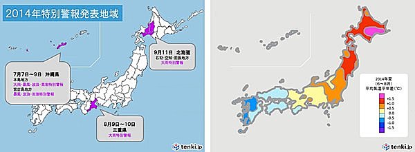 （左）6位 沖縄・三重・北海道、1年間に3か所で大雨特別警報　（右）7位 8月、西日本の大雨と日照不足,11年ぶりの冷夏