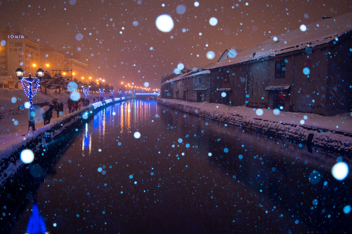 「青の運河」。きらめく雪もイルミネーションの一部。