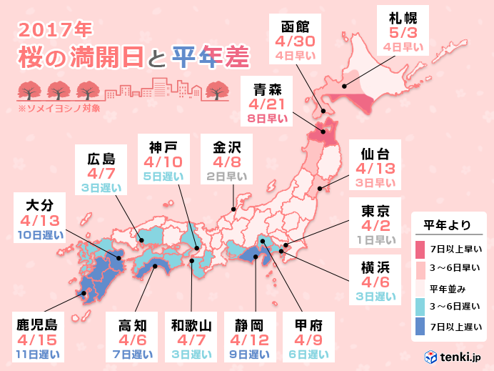 10位　桜の開花ゆっくり、週末は雨のお花見