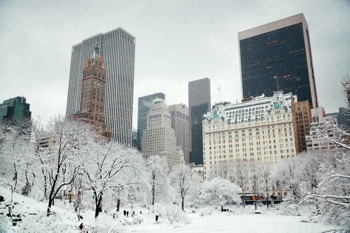 ホームアローン2の舞台、雪のニューヨーク。右手前の建物は、舞台となった高級ホテル・プラザホテル