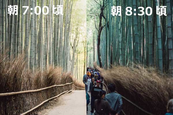 左：7時ごろ、右：8時30分ごろの嵐山竹林の様子、朝7時ごろ訪れるのがおすすめ