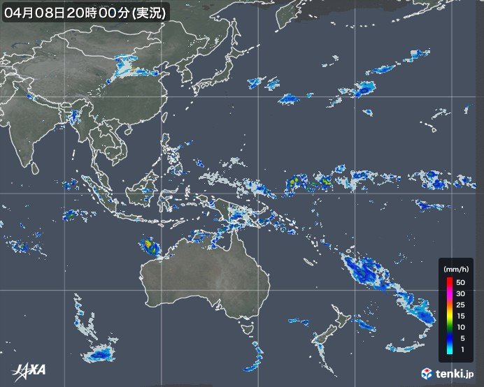 GSMaPによる世界の雨のようす（2019年4月8日8時観測）