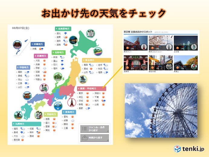 お出かけ先の天気や施設情報もチェックできます