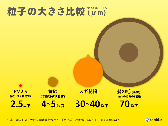 黄砂・PM2.5・花粉の大きさ比較