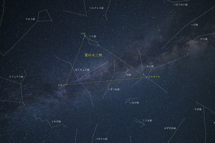 「夏の大三角」周辺図。晴れた日の夜空にさがしてみましょう