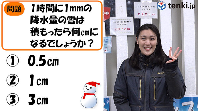 1時間に1ミリの降水量の雪は積もると何センチになる?