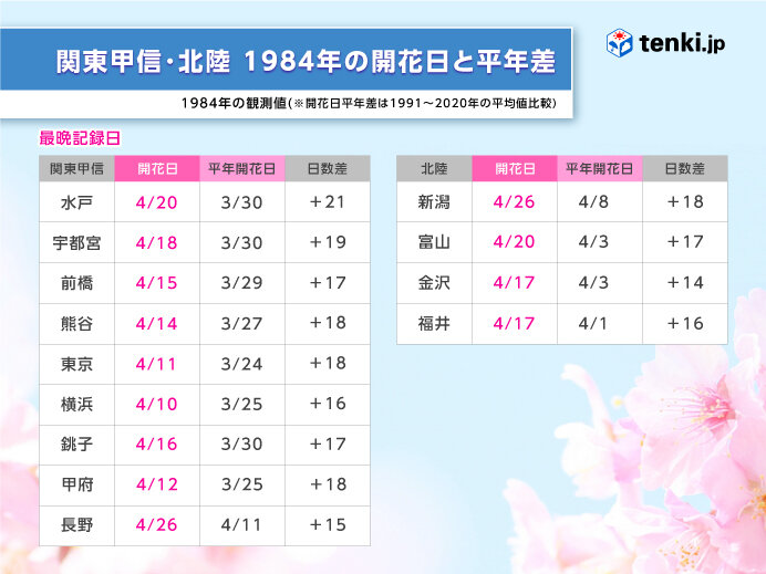 1984年の桜開花前線 東京の開花は4月11日