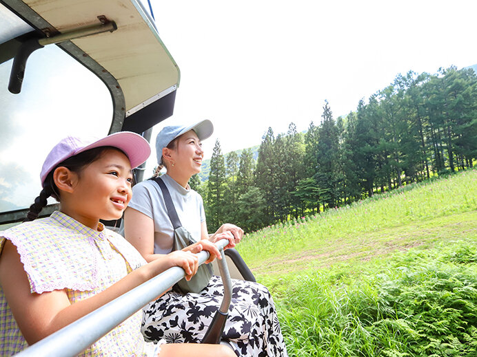 芝や木々の緑を眺めながら観光リフトで山をぐんぐん上がっていく