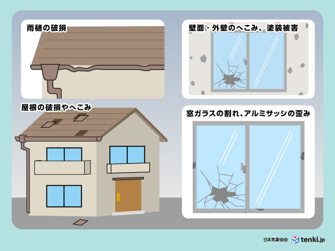 ひょうによる建物への被害の例