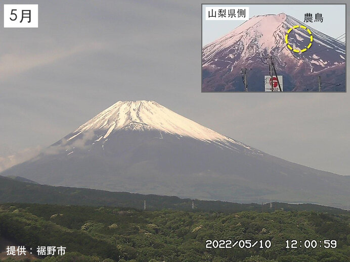 5月の富士山のようす(裾野市提供)と山梨県側の斜面に春になると現れる雪形「農鳥」(右上)